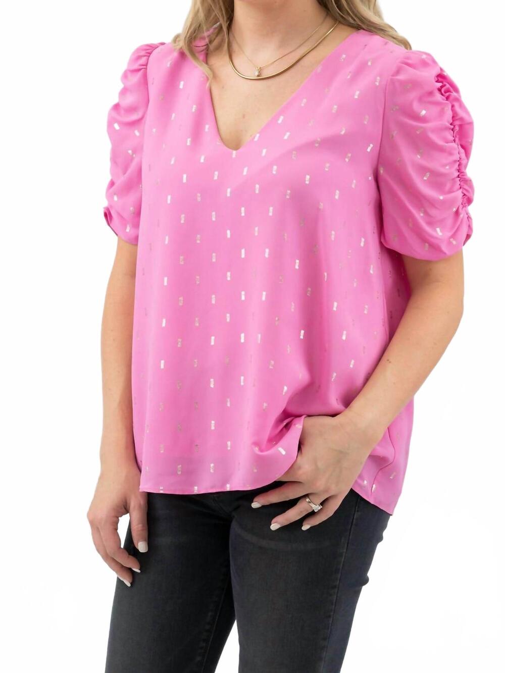 NEW ADRIENNE ruched sleeve v-neck barbie top in pink
